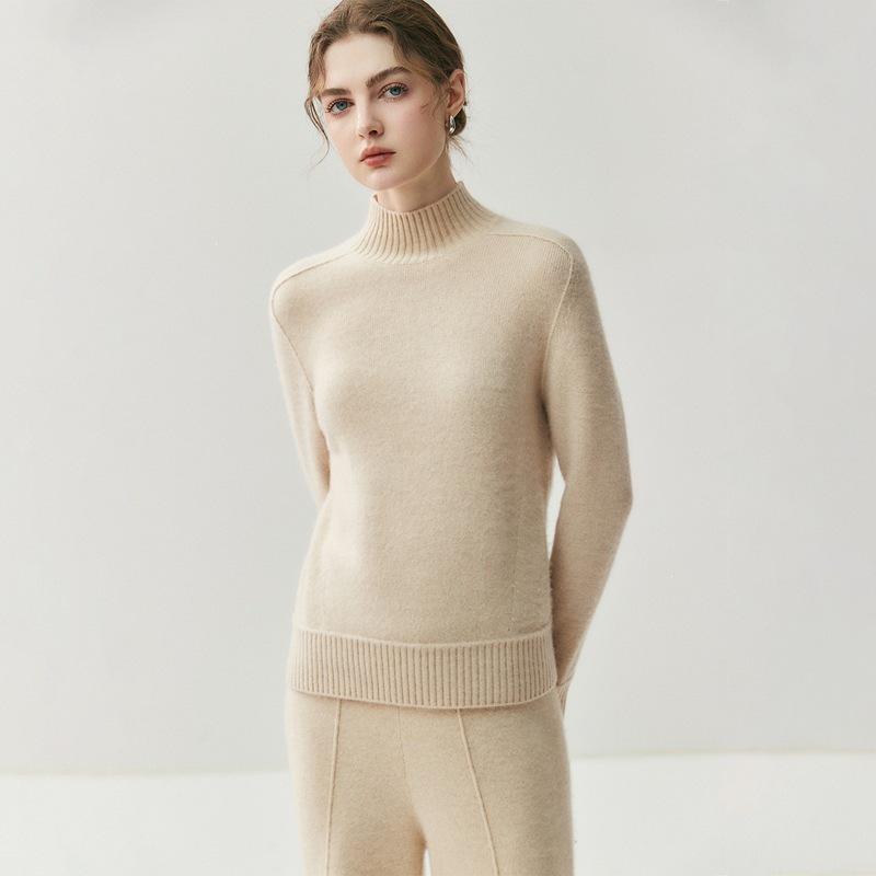 Elegant Women's Cashmere Sweater - Half-High Collar, Saddle Shoulder, Solid Color Knit for Autumn and Winter