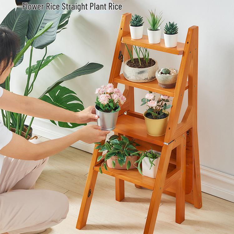 Solid Wood Multifunctional Folding Ladder-Chair: Indoor Portable 4-Step Stool & Climbing Ladder