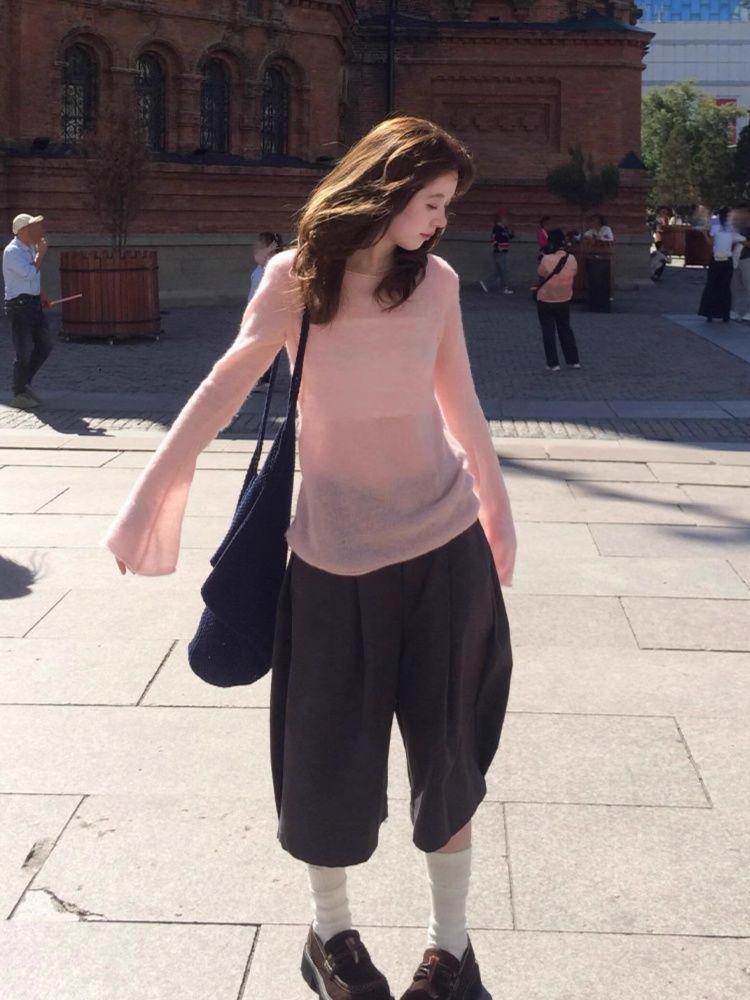 Chic Flare Sleeve Slim Fit Long Sleeve T-shirt - Autumn Solid Color Casual Top for Girls