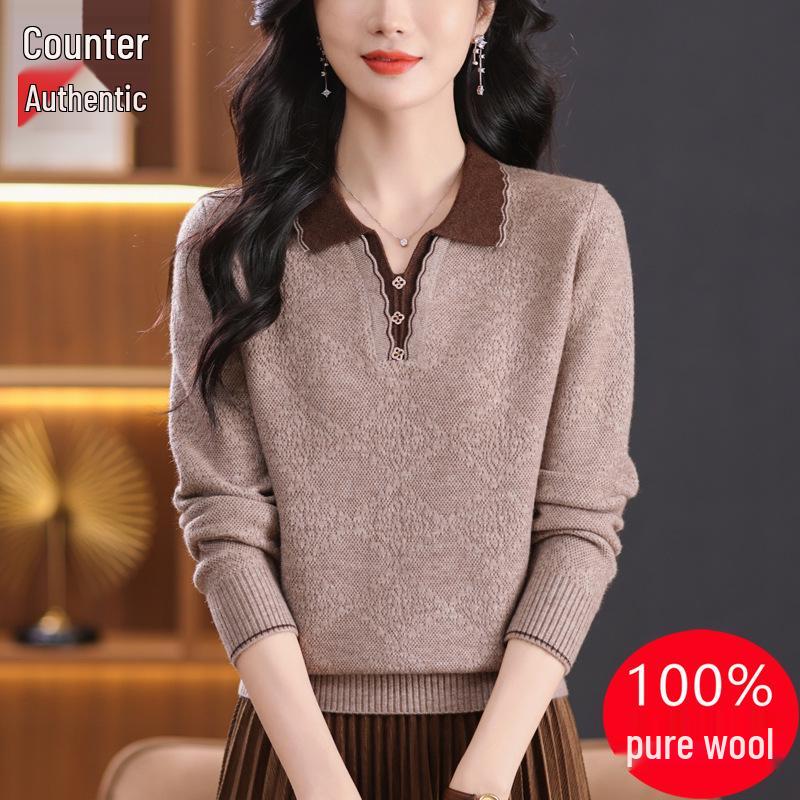 

Осенне-зимний женский модный шерстяной свитер с отложным воротником - Универсальный и стильный вязаный дизайн для мам 4XL света кофе