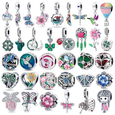 925 Sterling Silver Green Butterfly Flower Dragonfly Fit Woman's Enamel Charms Pendants Jewely Making Gifts