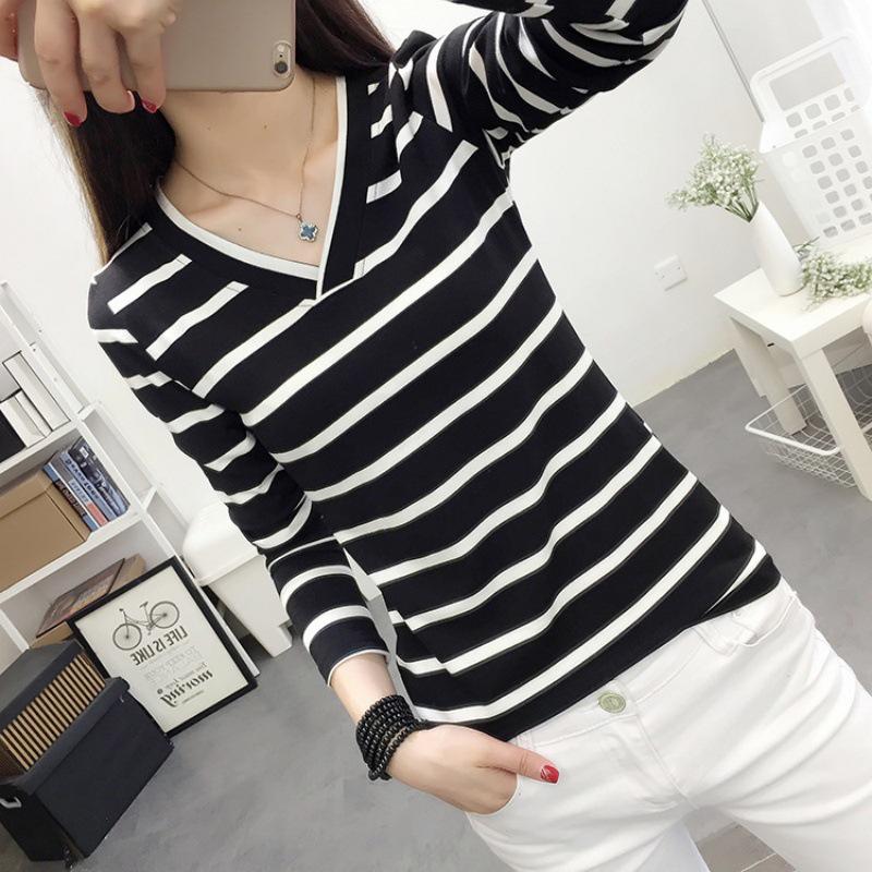 2025 Korean V-Neck Striped Slimming Long Sleeve Women's T-Shirt - Spring/Autumn