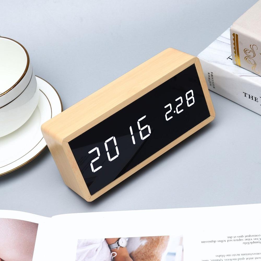 Bamboo Wooden Alarm Clock LED Display With Mirror Temperature Digital Watch Desktop Digital Table Home Decor Alarm Clocks