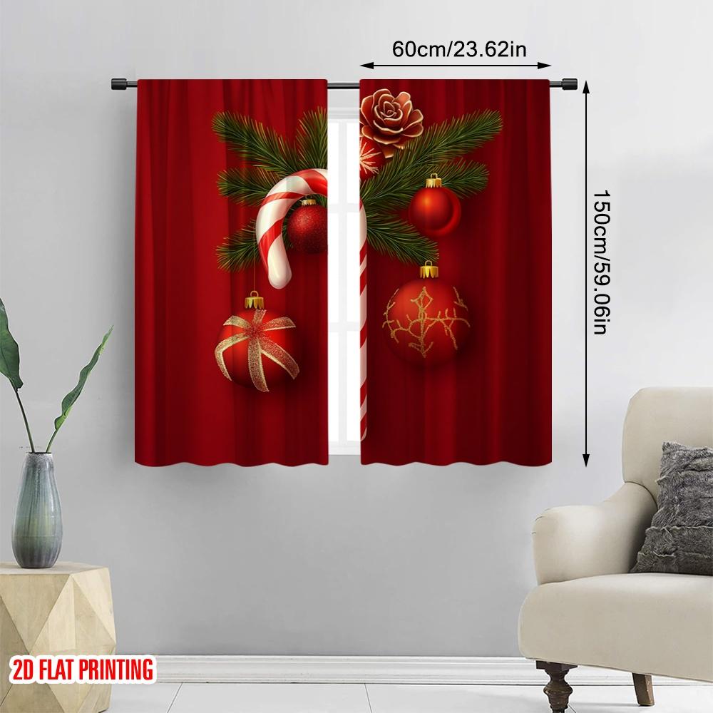 2pcs,2D Plane Printing Pattern Curtains Christmas Candy Cane Holly Ornament (4) Durable Polyester (without Rod) Versatile All