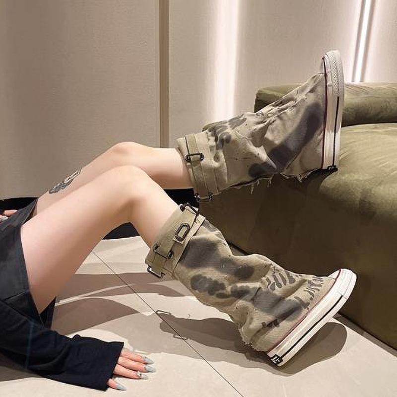 Women's Spring Graffiti High Canvas Boots Round Head Middle Follow Anti Slip Boots Women Leisure Fashion Rubber