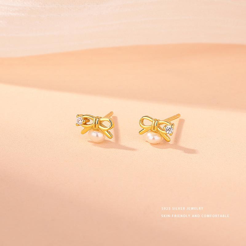 Exquisite Bow Pearl Earrings for Women  Small and Versatile Girly and Sweet Earrings
