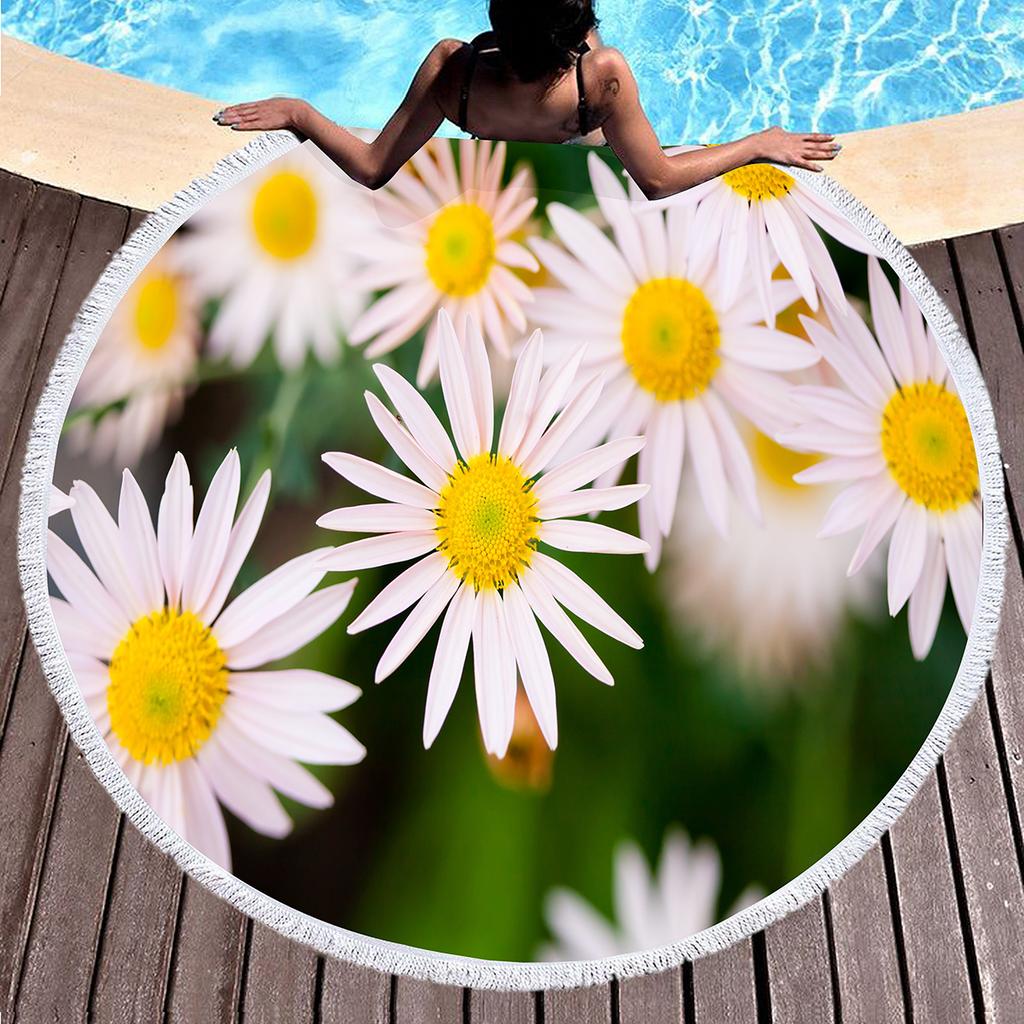 Floral Daisy Round Beach Towel,Microfiber Beach Blanket Sand Free Quick Dry Swim Pool Bath Circle Towel with Tassel for Teen Men