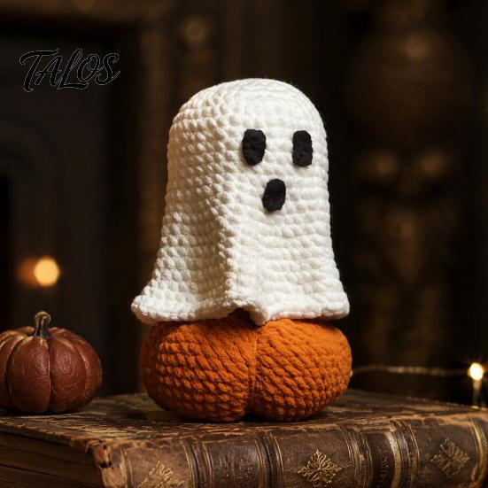 Desktop Miniature Figurines Knitted Ghost Pumpkin Ornament, Handmade Cute Crochet Figurine, Halloween Collectibles Festive Handicraft Ornament