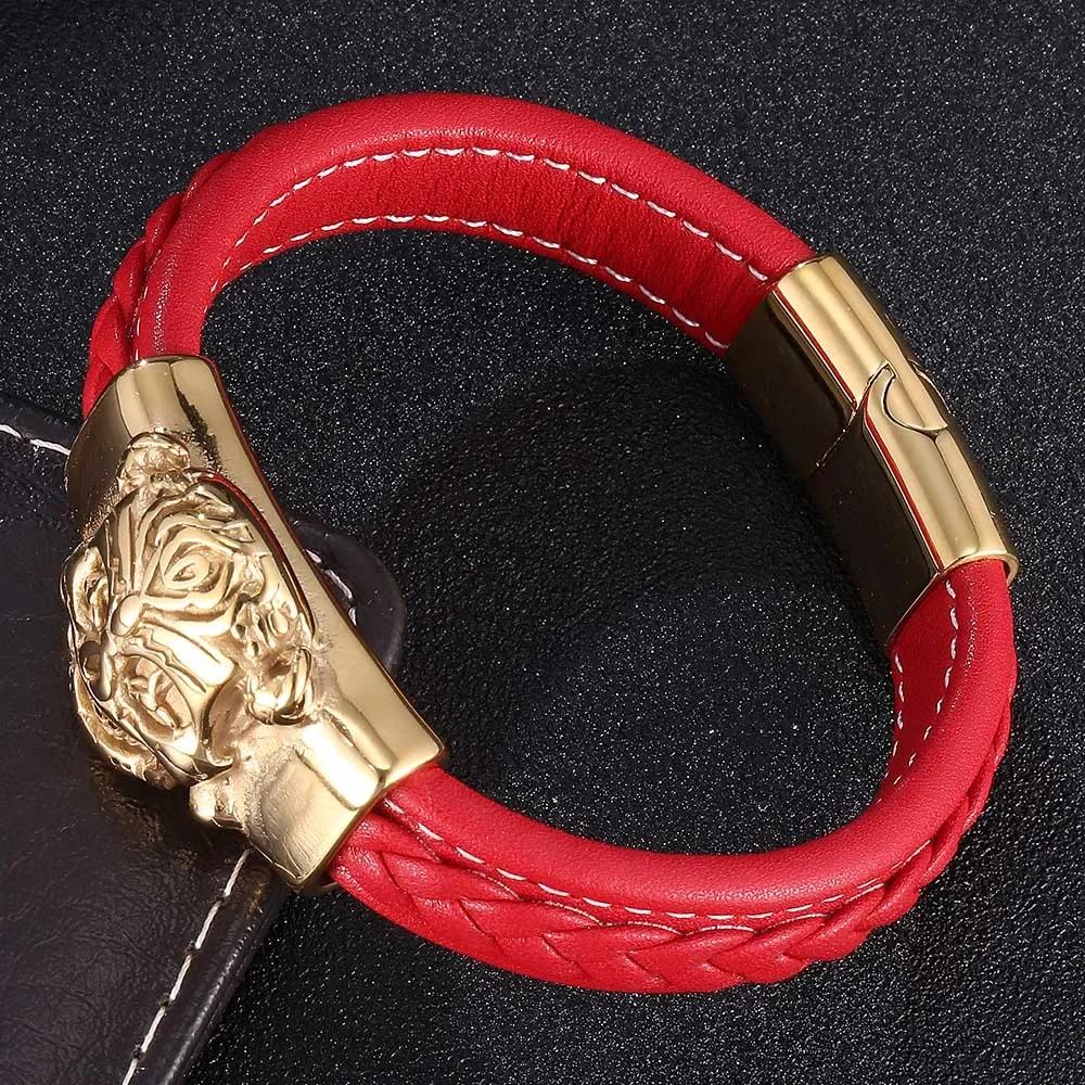 Nouveau Design Punk Couleur Or Animal Cuir Véritable Bracelet Homme Femme Acier Inoxydable Jonc Bracelet Bijoux