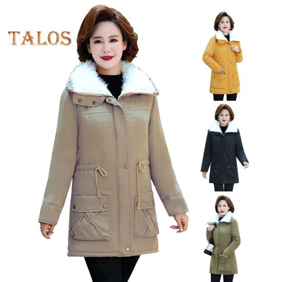 Winter Women Jacket Thickened Plush Turn-down Collar Long Sleeves Elastic Waist Pockets Zipper Closure Coat Mid Length Windproof Warm Coat
