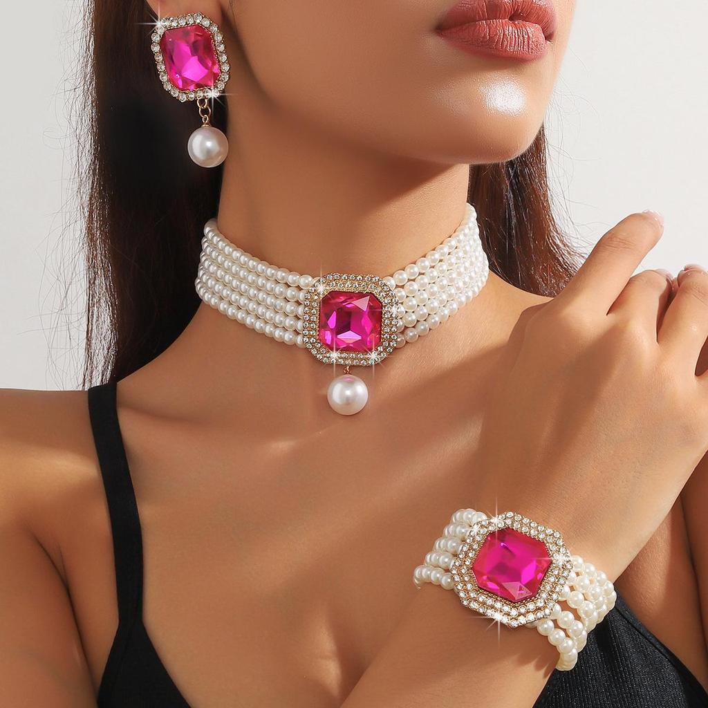 European Luxury Multi-Layer Faux Pearl & Crystal Jewelry Set – Necklace, Earrings, Bracelet - Colorful, Fashionable, and Exquisite Accessories