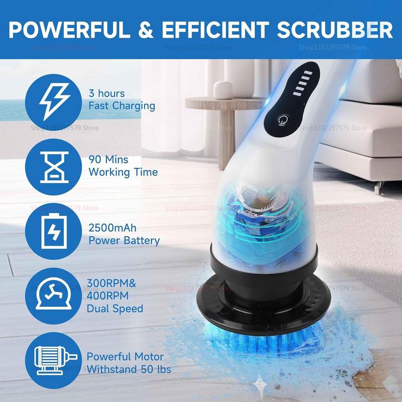 Electric Cleaning Brush2-gear Cordless Rotary Floor Scrubber Wireless with Adjustable Extension Handle Perfect for Home Kitchen