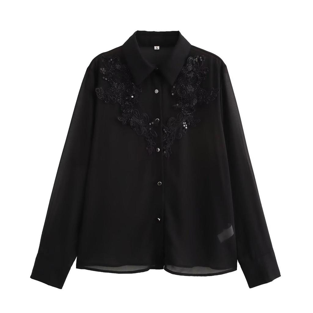 2024 Autumn European & American Style Women's See-through Beaded Shirt