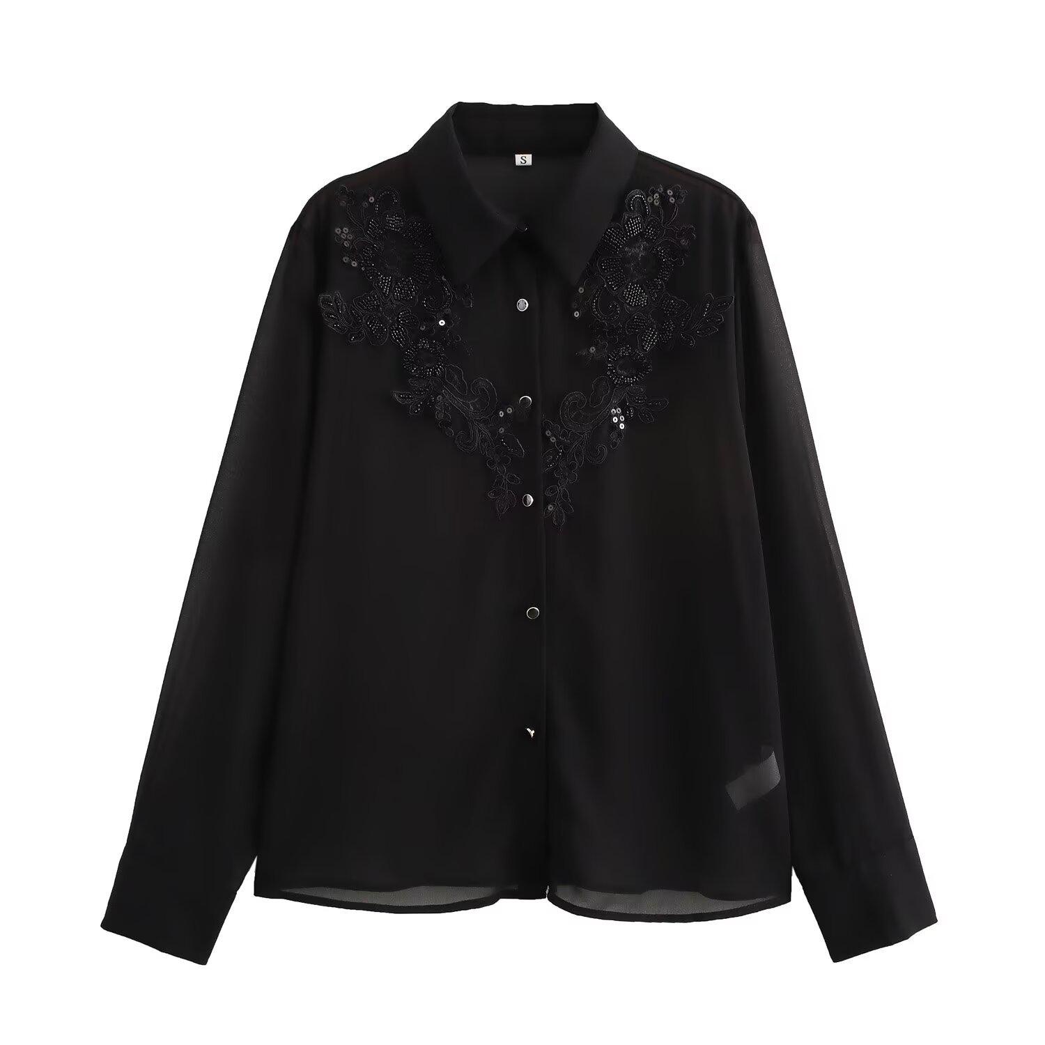 

Женская прозрачная рубашка с бисером в европейском и американском стиле, осень 2024 L чёрный