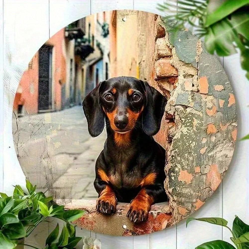 Tikita Dachshund Metal Wall Art 8x8 Inch Round Rustic Dog Sign UV Resistant Home Decor