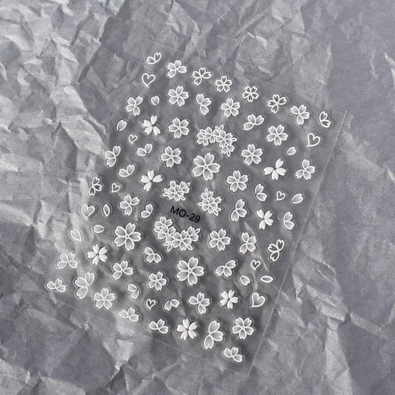 Рельефные Полупрозрачные Белые 3D Цветочные Наклейки для Ногтей - Дизайны с Цветением Сакуры и Пятилепестковыми Цветами с Клейкой Основой