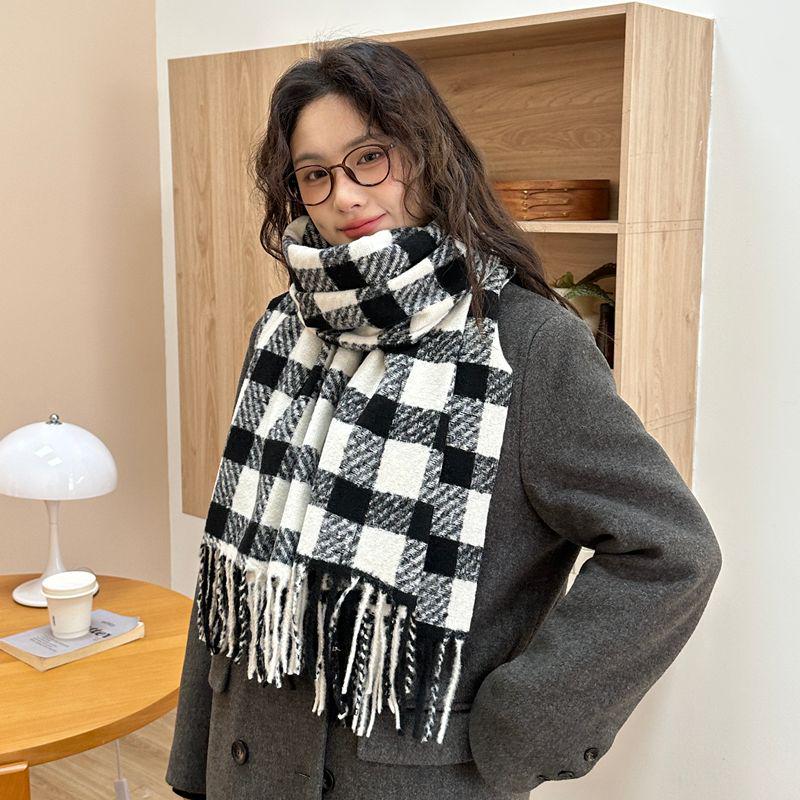 Women's Faux Cashmere Plaid Scarf - Korean Style, Thick & Warm Autumn/Winter Shawl