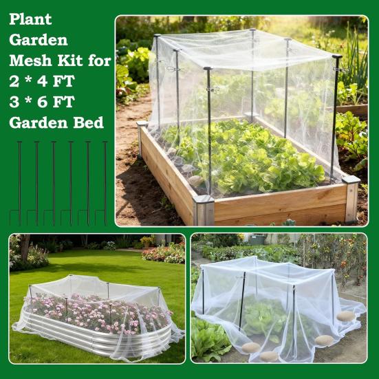 1 Set Raised Garden Bed Netting, Garden Bed Insect Netting Kit, 2.6ft Metal Support Stakes with 4Ft x 8Ft Fine Mesh