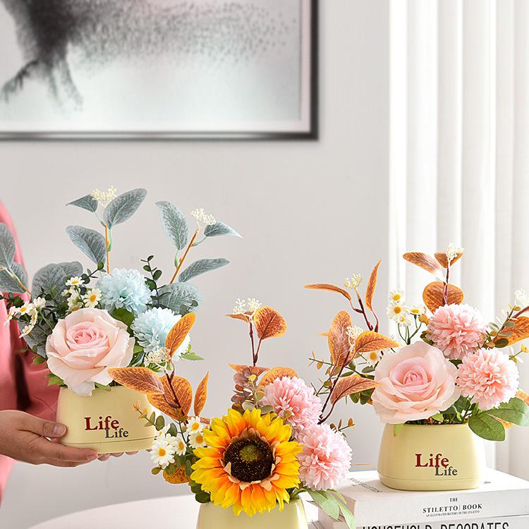 Sunflower Artificial Flower Arrangement - Small Bonsai Plastic Bouquet for Living Room or Dining Table Decor