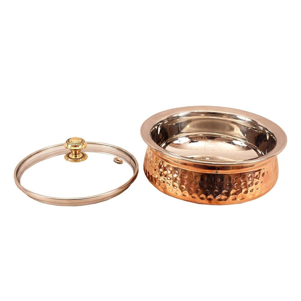 Steel Copper Serving Handi with Glass Lid 500 ML - Serving Dishes Chicken Briyani Vegetables Home Hotel Restaurant Tableware Dishware
