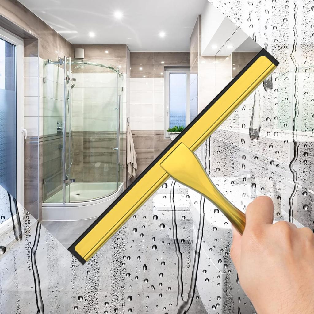Raclette de douche en verre 25 cm Essuie-vitre en acier inoxydable Doré 2 Crochets