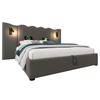 Upholstered Double Bed 180×200, Reading Lamp, USB Type-C Charging, Storage Bed Frame with Solid Wood and Metal Slats, Grey, Linen (Without Mattress)