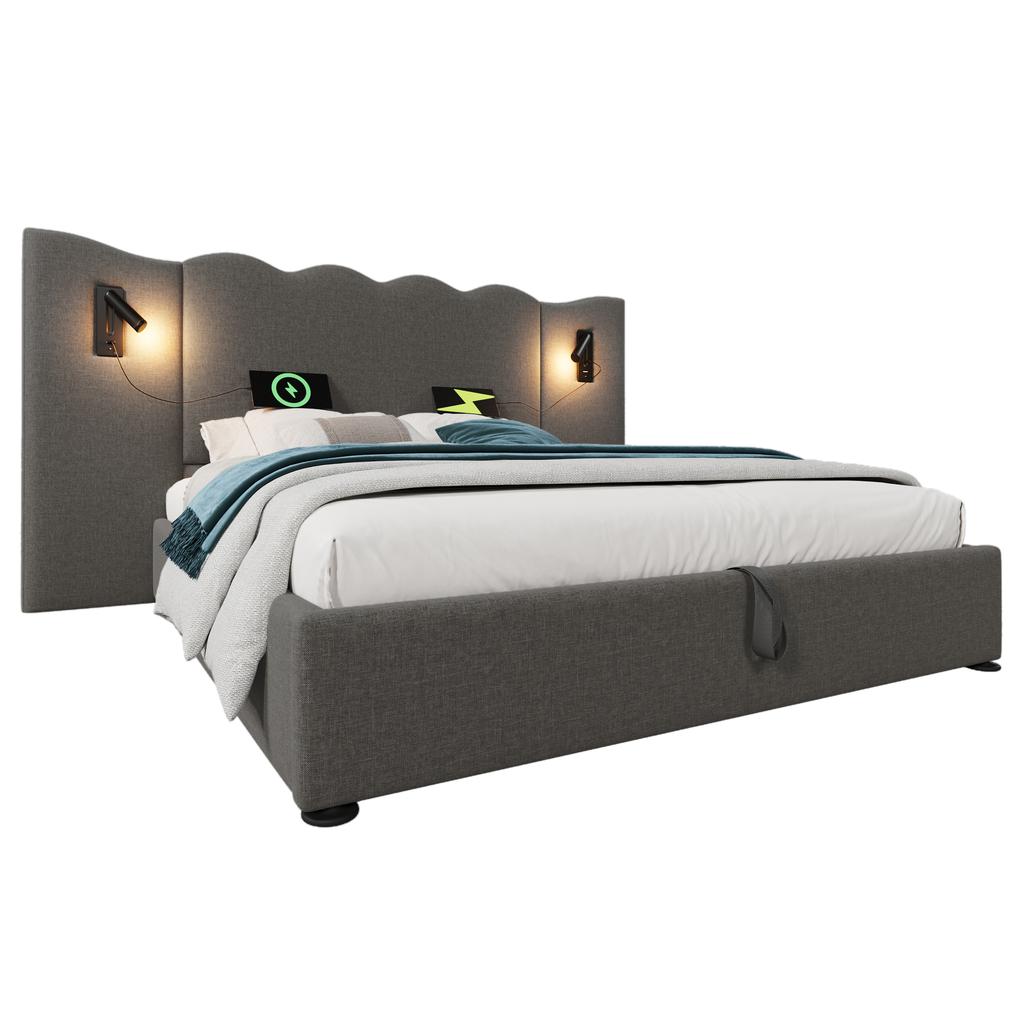 Upholstered Double Bed 180×200, Reading Lamp, USB Type-C Charging, Storage Bed Frame with Solid Wood and Metal Slats, Grey, Linen (Without Mattress)