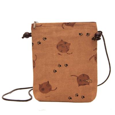 Creare Kiki Women's Small Pouch, Made In Japan, Kimono Style, Persimmon Tannin Dyed Canvas, Lightweight, Mini Pouch, Kyoto, KS-76 (Cat Design)