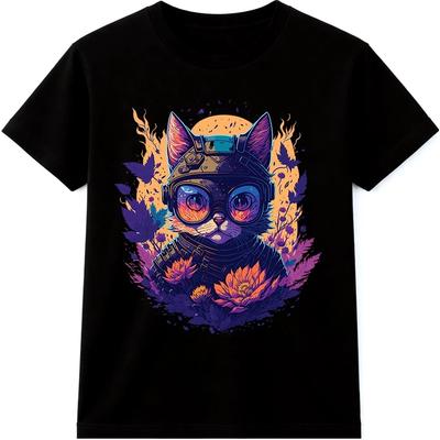 Katze Cyberpunk Grafik T-Shirt Futuristisch Blumige Kunst Streetwear Katze Design Tee