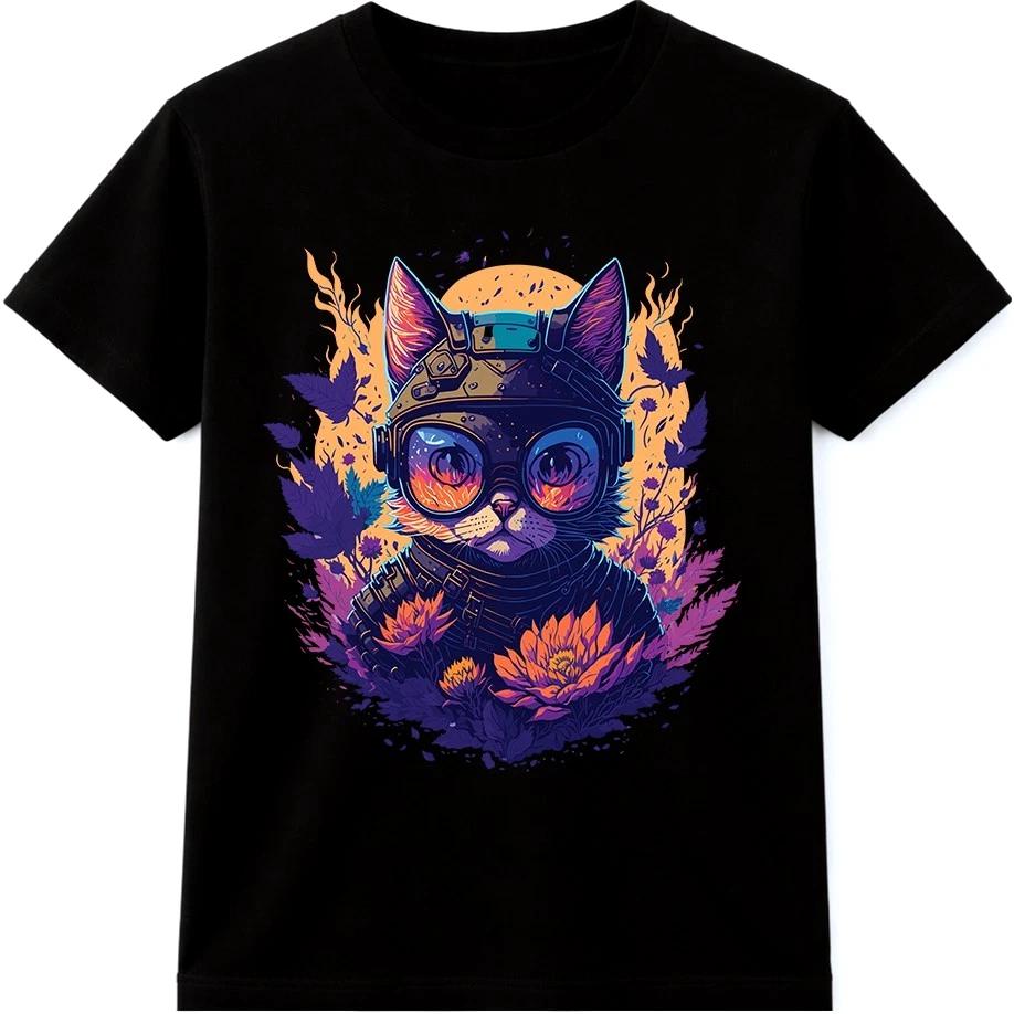 Киберпанк Кот Графическая Футболка Футуристическое Цветочное Искусство Стритвир Дизайн Кота Футболка L