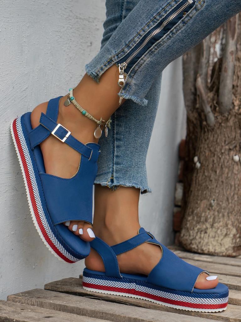 Thick Bottom Sandals Summer New Peep Toe Hollow Candy Color Metal Buckle Female Shoes Casual Beach Sandalias Mujer Romanas Shoes