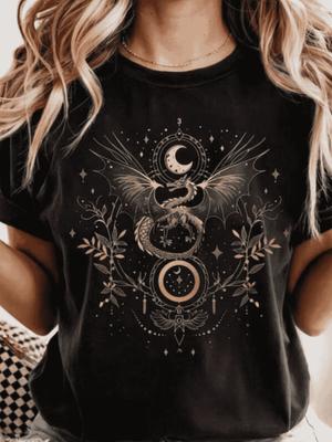 Women'S Round Neck Short Sleeve T-Shirt Moon Dragon Mystical Fantasy Night Sky Magic Design for Women And Perfect Gift F