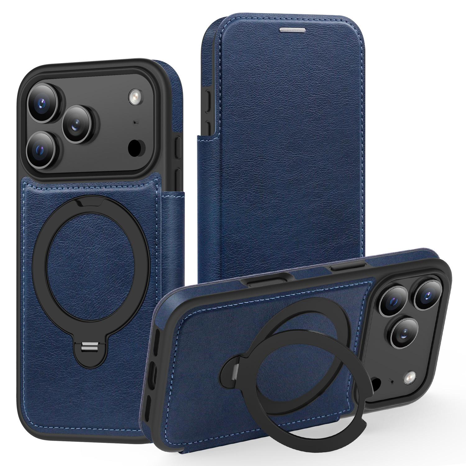 

Magnetic Phone Case for iPhone 17 Pro Max Air 17e 16e 16 Plus 15 14 13 12 11 Wireless Charging Card Slot Bracket Leather Cover iPhone17 королевский синий