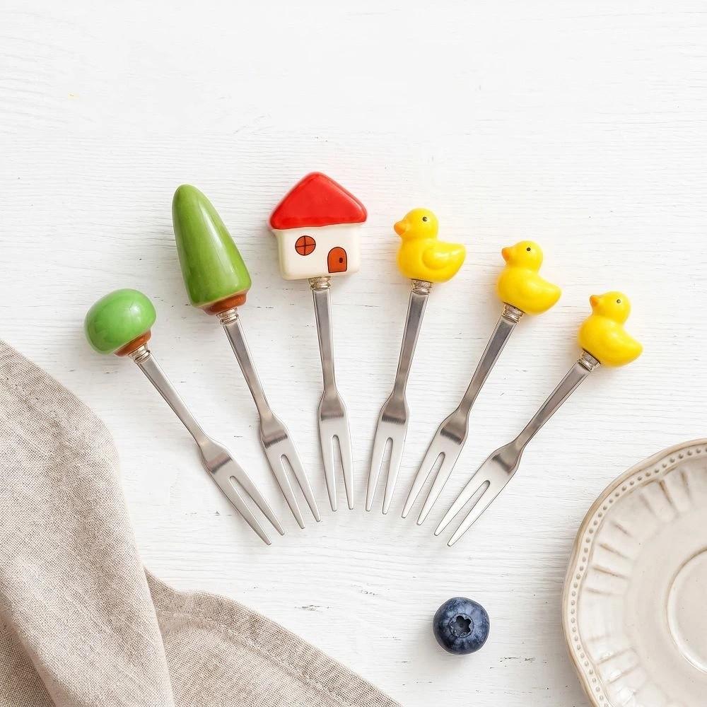 6Pcs Reusable Fruit Dessert Fork Cartoon Cute Fruit Forks Stainless Steel Cake Fork Party Tableware