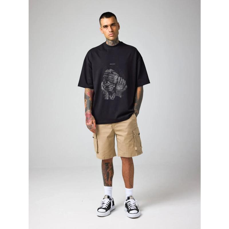 Oversized T Shirt Black Hands Clasped Graphic Print Streetwear Casual Wear