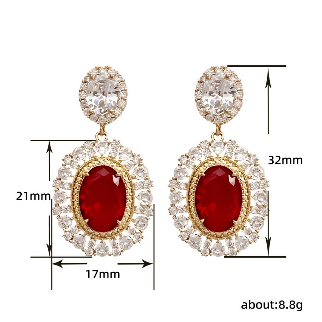 Vintage French Royal Oval Red Cubic Zirconia Double Layer Halo Dangle Drop Earrings Luxury Wedding Women Ear Jewelry