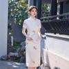 1011 spring and summer new models, jacquard side buckle medium and long cheongsam high-end plain and elegant beige short-sleeved long cheongsam in