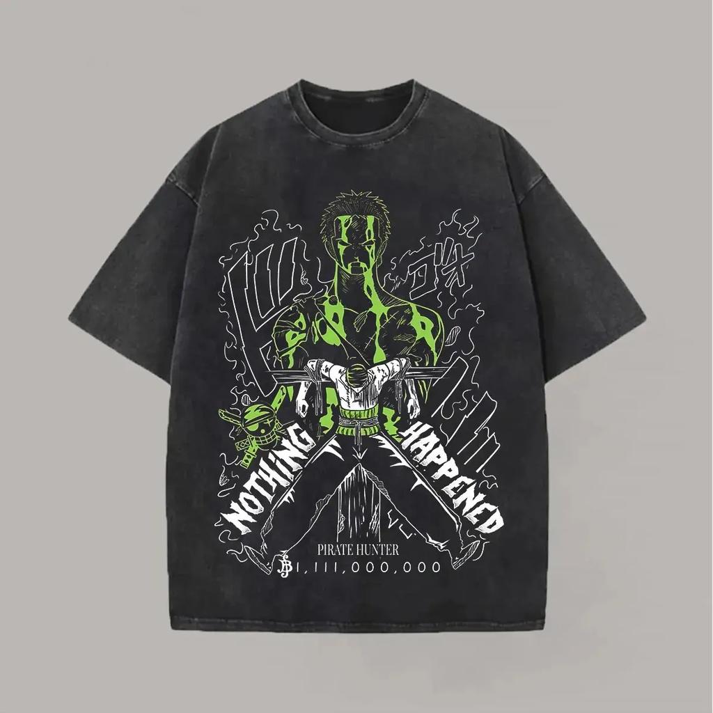 New One Piece Zoro Graphic T Shirt Men Women Vintage Wash Short Sleeve Tee Summer 2026 Y2k Anime Print Cotton Streetwear Casual