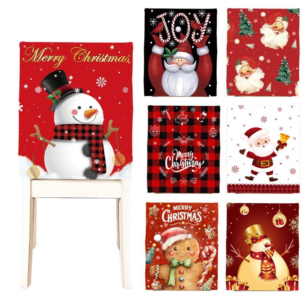 Snowman Christmas Chair Cover Santa Claus Pattern Washable Chair Back Cover Quick Easy Use Elf Pattern Xmas Seat Slipcover
