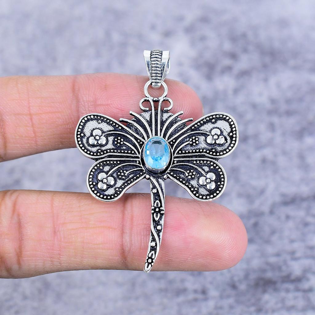 Swiss Blue Topaz Gemstone 925 Sterling Silver Jewelry Pendant 2.17" M-2688