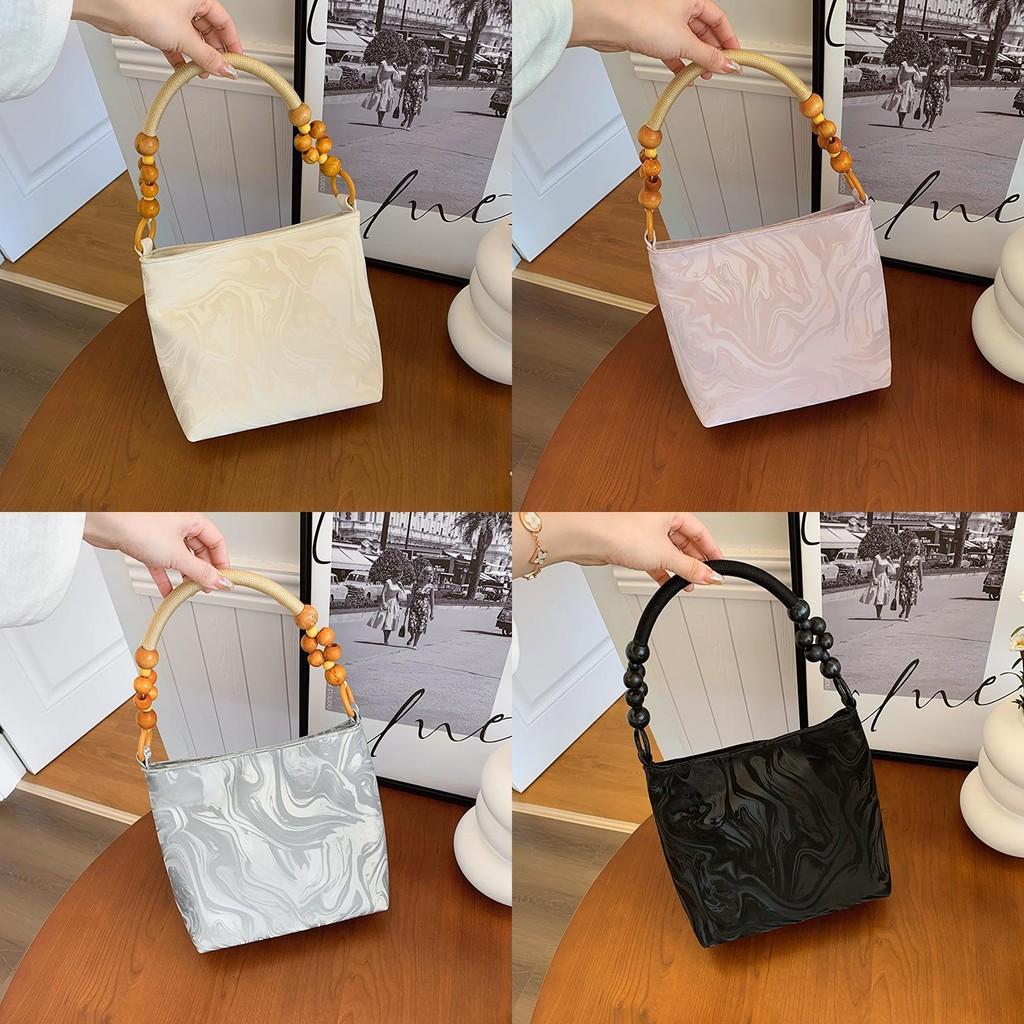 Chic Beaded Handheld Bag For Women 2024 Trendy Wooden Tote In Soft Colors