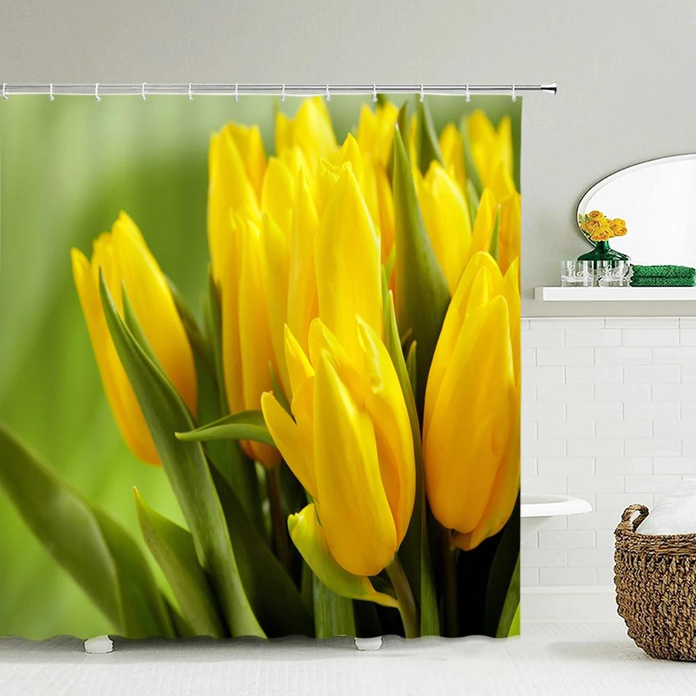 Tulip Rose Fresh Flowers Shower Curtains Waterproof Polyester Fabric 3D Printed Bathroom Screen Home Decoration Shower Curtain