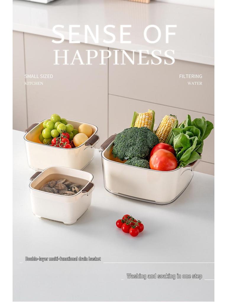 Buckle Draining Basket: Double Layer Food-Grade Basin for Washing Fruits, Vegetables, and Rice