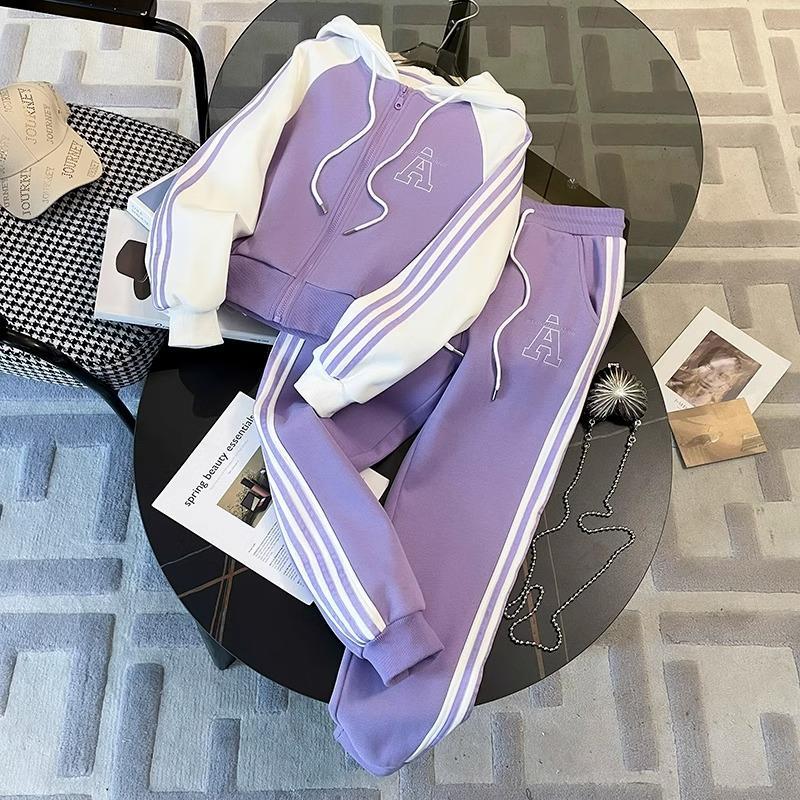 

Весенне-осенний спортивный костюм для девочек, версия с худи, повседневные брюки, комплект из двух предметов 120 фиолетовый