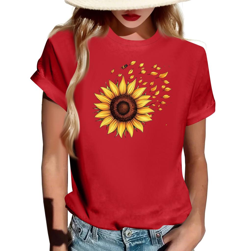 Damen Modisches Rundhals Casual Retro Print Kurzarm T-Shirt Top