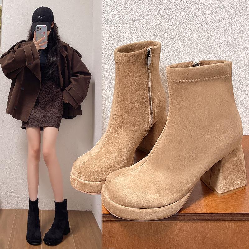 Retro suede short boots women's autumn 2025 new fashionable versatile and thin thick heels fried street thin boots women's trend