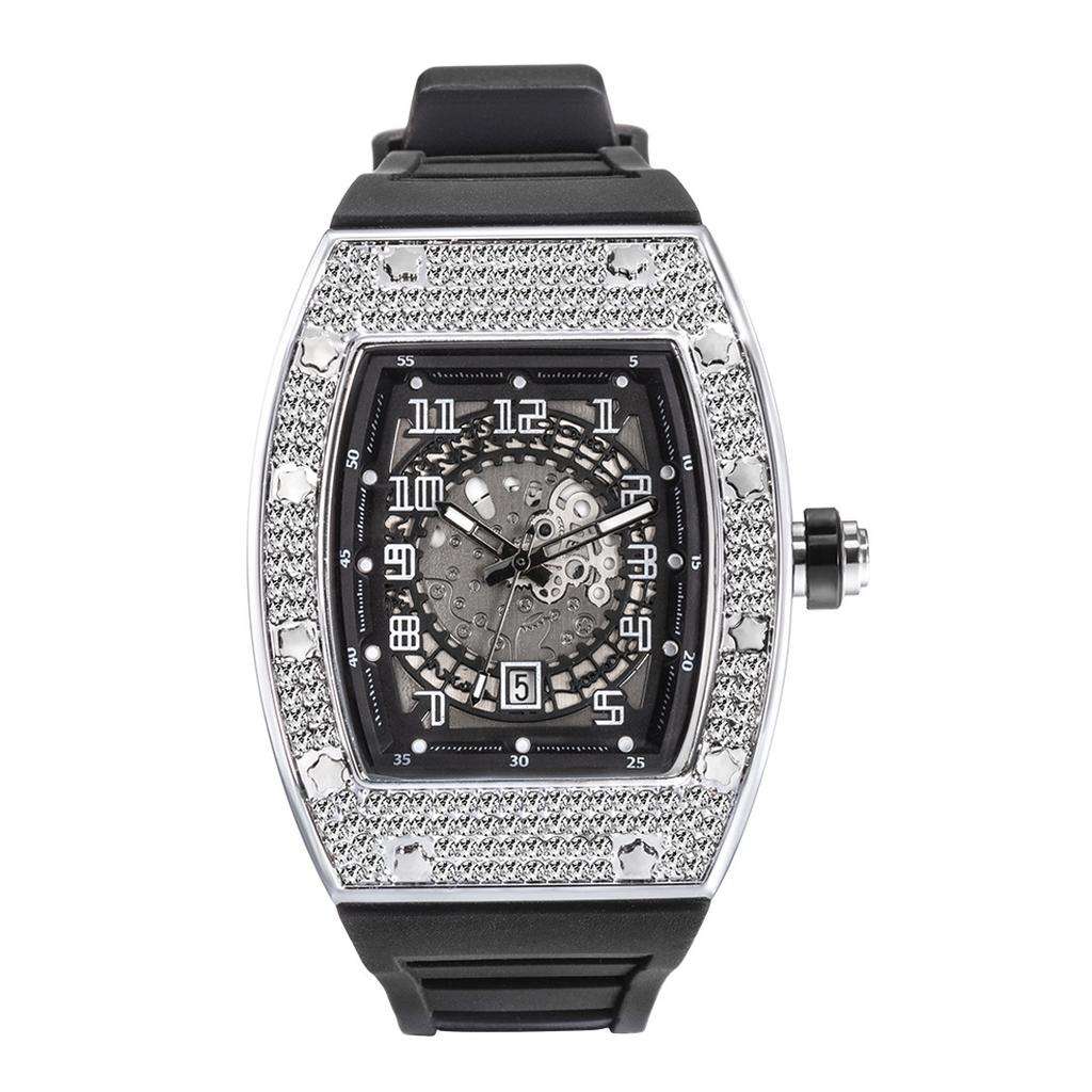European and American Personality Full of Diamond Barrel Type Silica Gel Strap Quartz Men's Watch