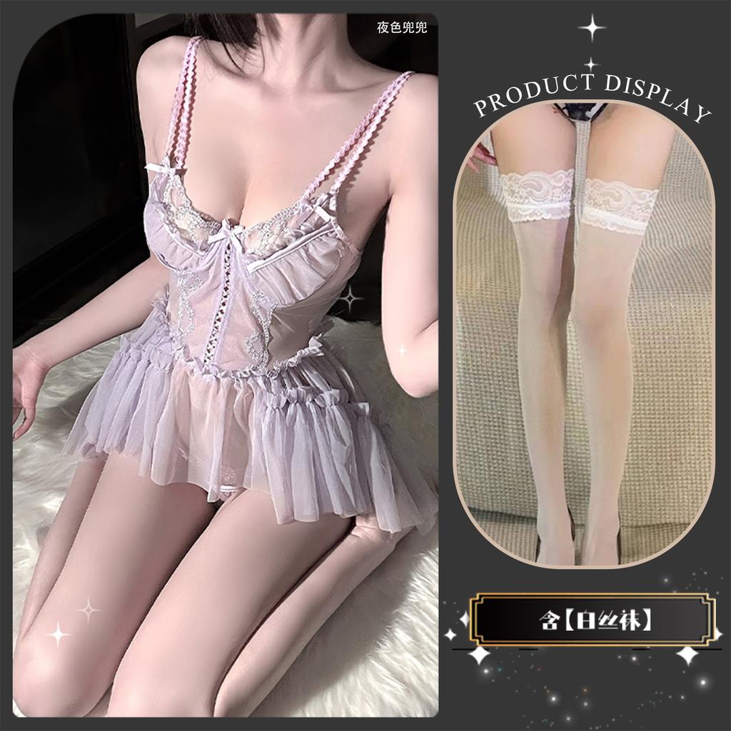 Erotic underwear French mesh sexy suspender nightdress hollow embroidery pure lace perspective girl