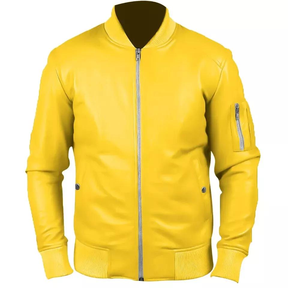 Echtes Leder Handgefertigt Lammfell Weich Herrenjacke Gelb Stilvoll Echtes Lammfell