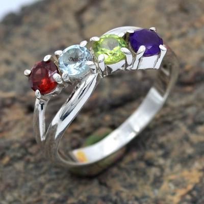 Garnet Blue Topaz Peridot Iolite Gemstone Ring 925 Sterling Silver Women Jewelry For Christmas Gift